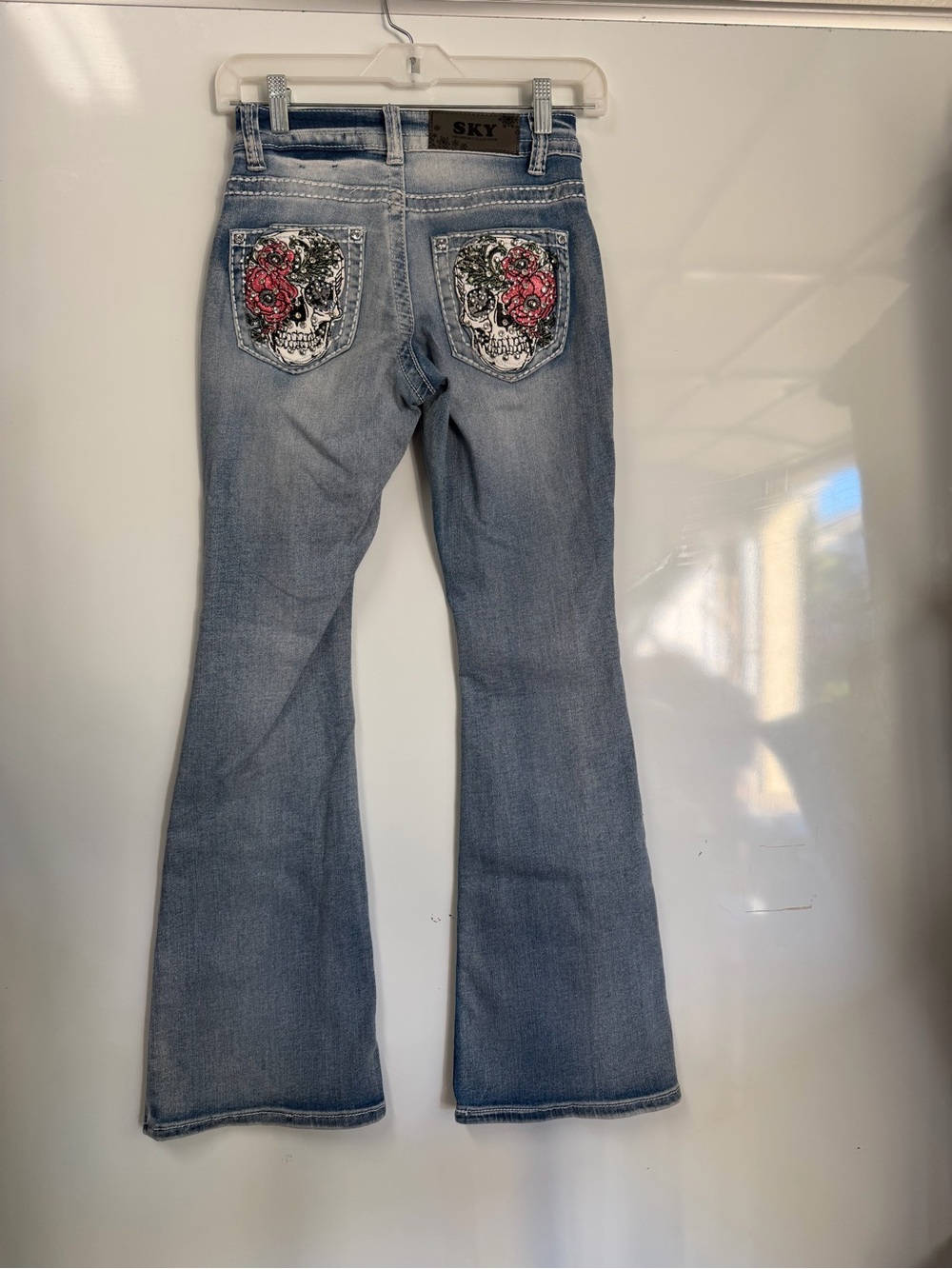 SKY Premium Collection Low Rise Flare Jeans Skull Floral Rhinestone Size 00